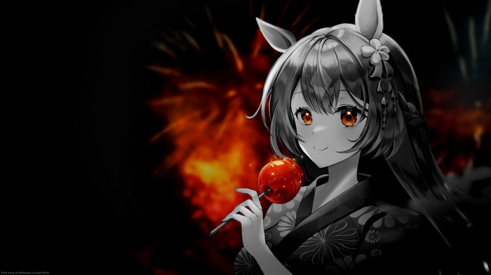 Anime girl with candy apple and fireworks
