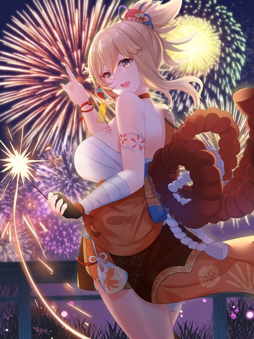 Yoimiya from Genshin Impact with fireworks