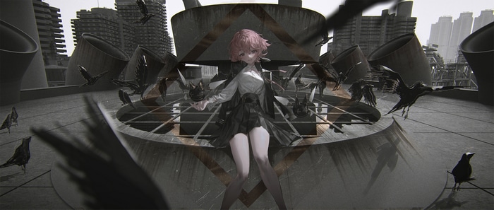 Girl with pink hair surrounded by birds on a rooftop