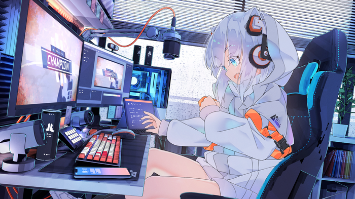 Girl playing PC games with multiple monitors