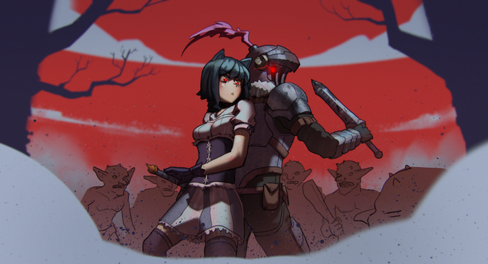 Fran and Goblin Slayer face goblins under a red sky