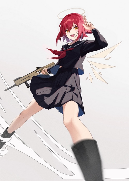 Arknights Exusiai with a gun in school uniform