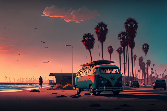 Beach sunset with palm trees and a vintage van