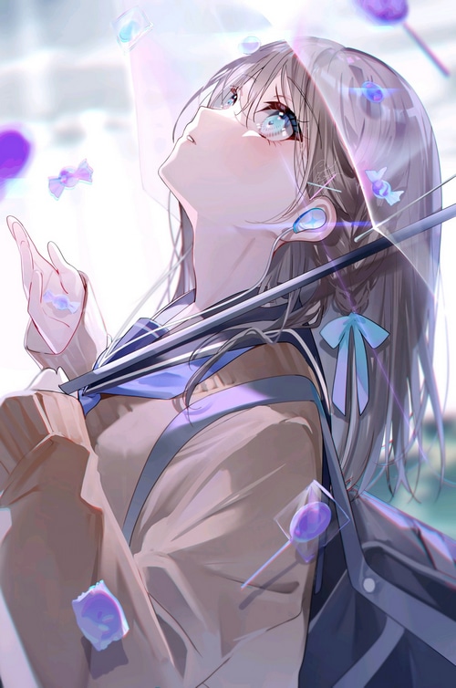 Anime schoolgirl with candy and umbrella