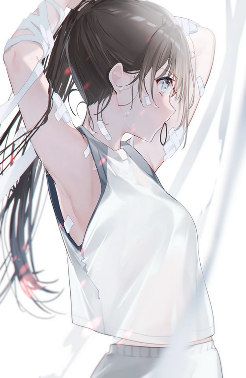 Girl with bandages tying her hair