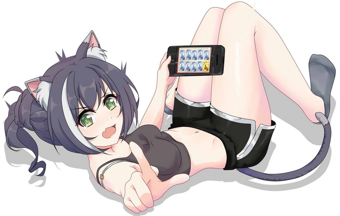 Cat girl holding a smartphone while lying down