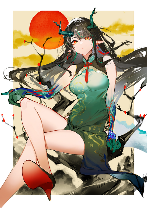 Arknights Dusk in a Chinese dress with horns