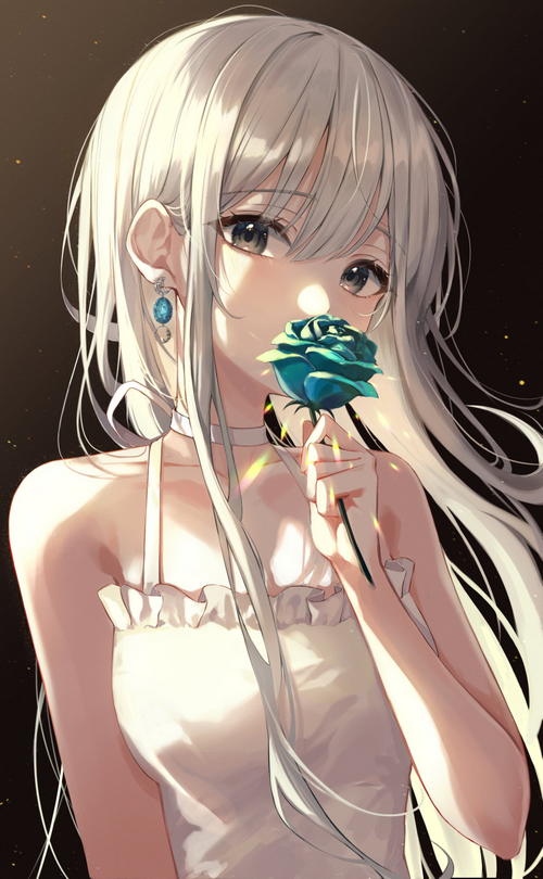 Anime girl with white hair holding a blue rose