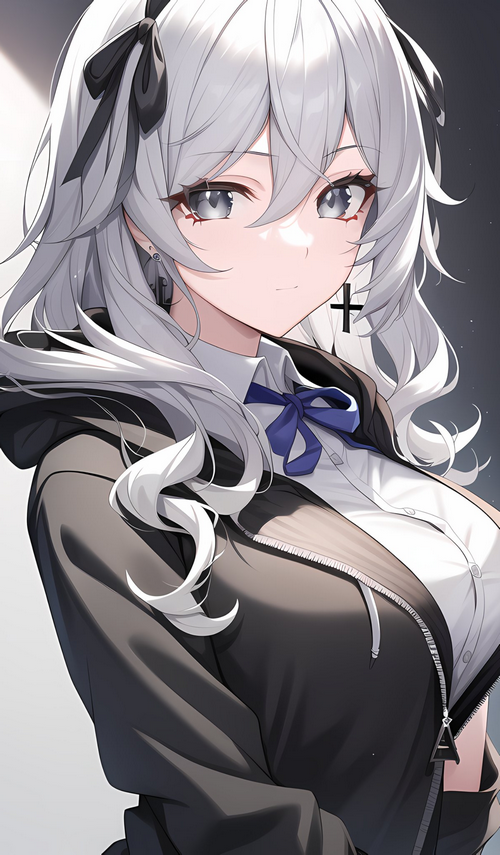 Anime girl with white hair and black hoodie