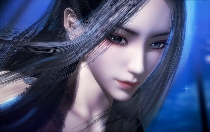 Close-up of a digital art character with long dark hair