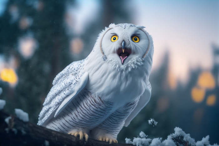 Snowy owl with mouth open in winter forest