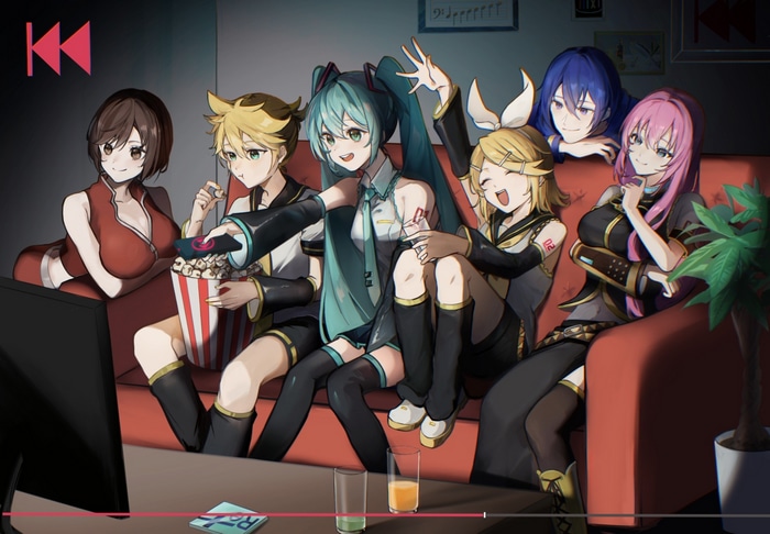Hatsune Miku and friends watching TV with popcorn