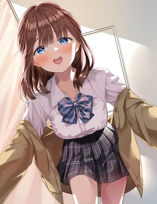 Anime schoolgirl with blue eyes and brown hair
