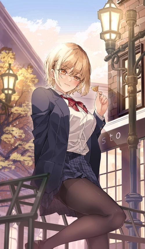 Anime girl in school uniform holding a leaf