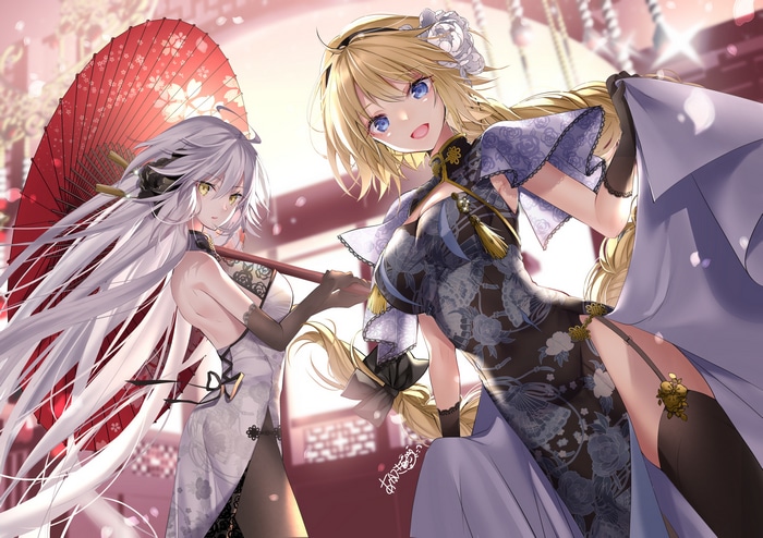 Two anime women in Chinese dresses with an umbrella
