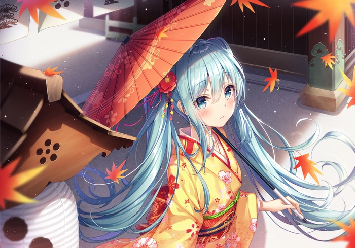 Hatsune Miku in Kimono with Umbrella and Autumn Leaves