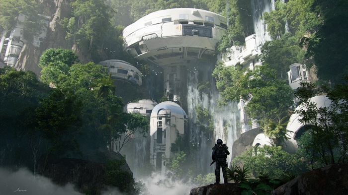 Futuristic buildings in a jungle with waterfalls