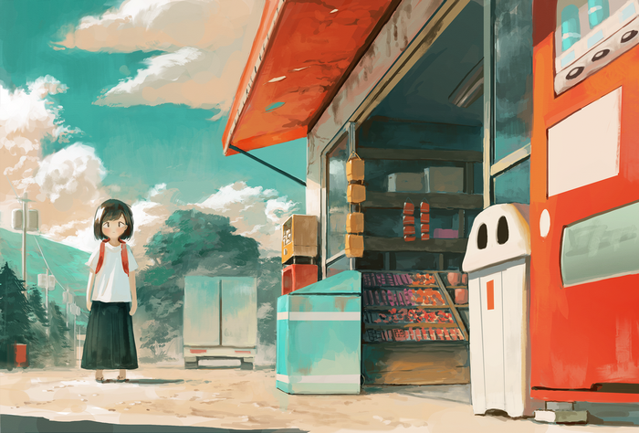 Schoolgirl at a roadside store with vending machines