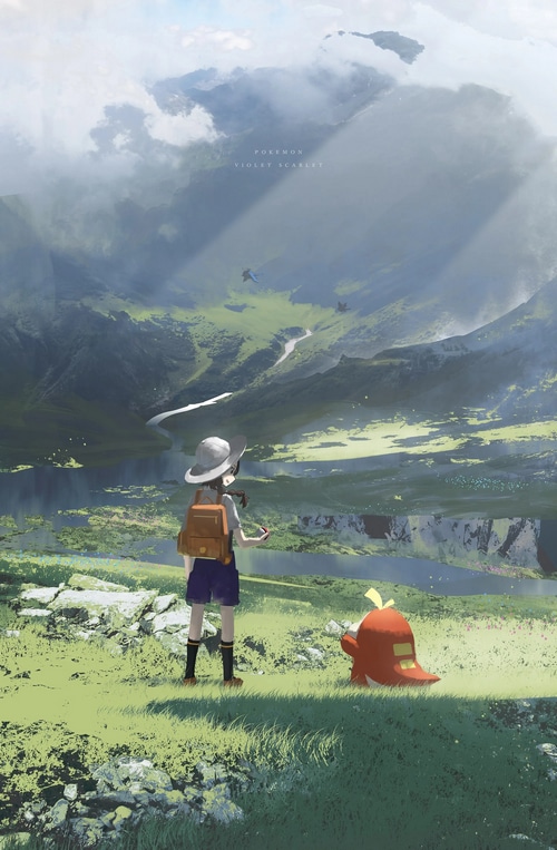 Pokemon Violet Scarlet Landscape with Trainer and Pokemon