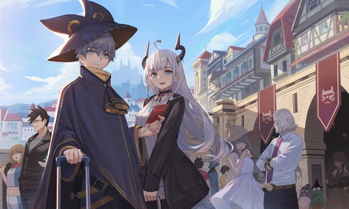 Anime characters with horns and witch hat in a town
