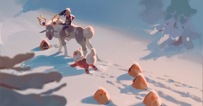 Pokémon trainer riding a reindeer through a snowy landscape