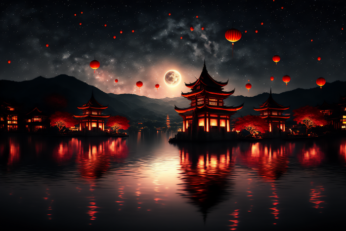 Asian architecture with lanterns and moon over water