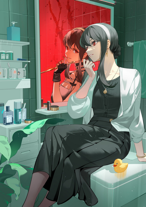 Yor Forger in a bathroom with her reflection