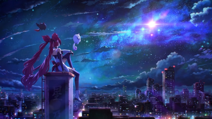 Jinx and her companions under a starry sky above a city