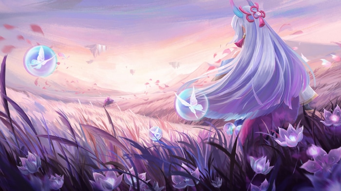 Ahri from League of Legends in a field of flowers