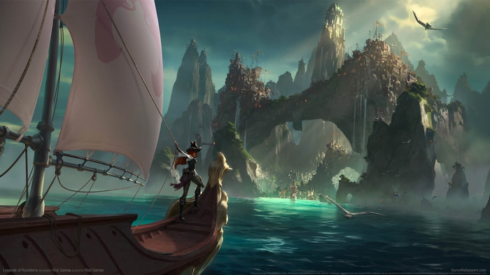 Miss Fortune on a pirate ship approaching a fantasy city