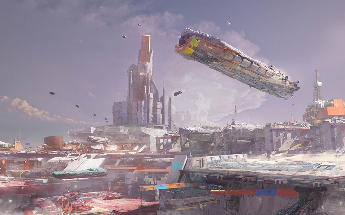 Sci-fi city with flying ships and tall structures