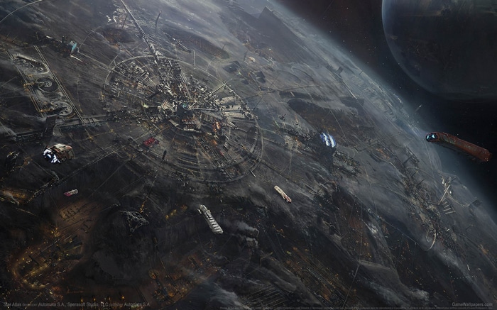 Space Engine futuristic planet city with spacecraft
