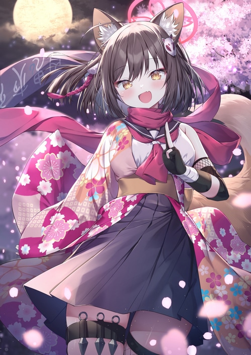 Fox girl in kimono with kunai and cherry blossoms