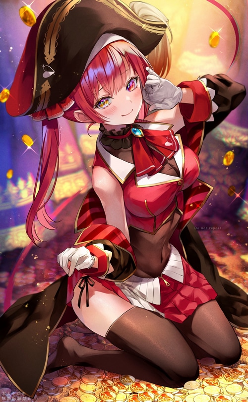 Houshou Marine in pirate outfit surrounded by coins
