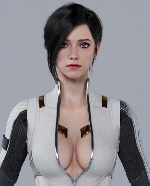 Woman in science fiction suit with unzipped clothing