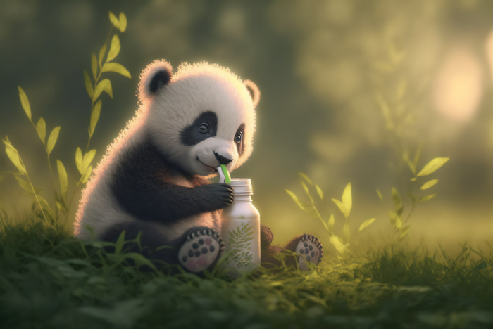 Baby panda drinking from a bottle in grass