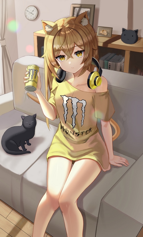 Anime Cat Girl with Monster Energy Drink and Headphones
