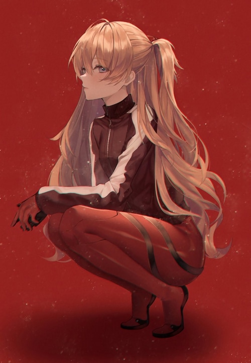 Asuka Langley Soryu from Neon Genesis Evangelion squatting