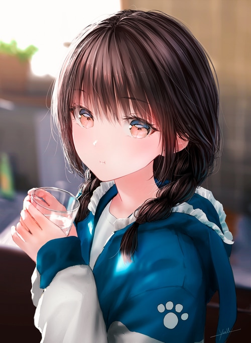 Artwork of a girl with braids drinking water