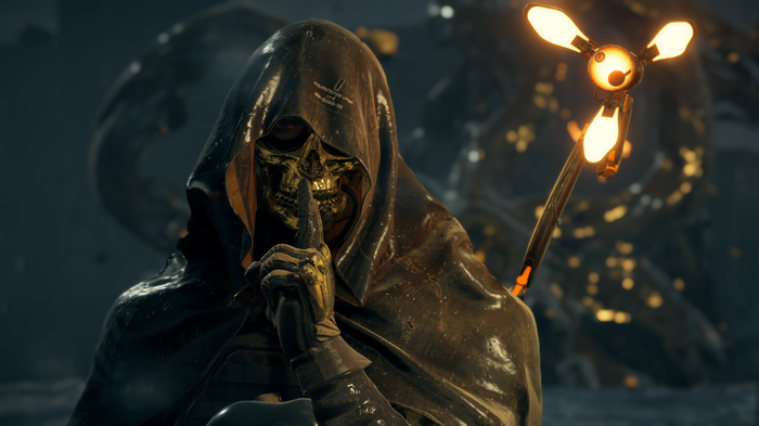 Higgs Monaghan with a skull mask and a BB pod