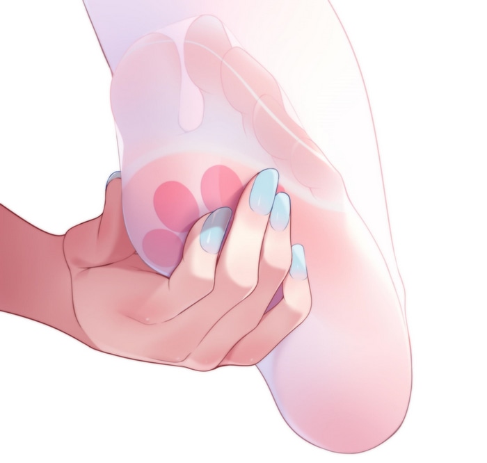 Hand touching foot in white pantyhose with blue nails