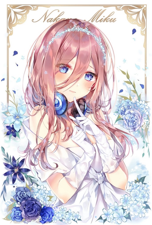 Nakano Miku in a White Dress with Blue Flowers