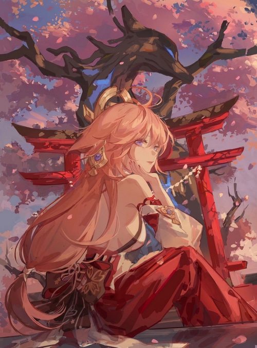 Yae Miko in front of a Torii gate with cherry blossoms