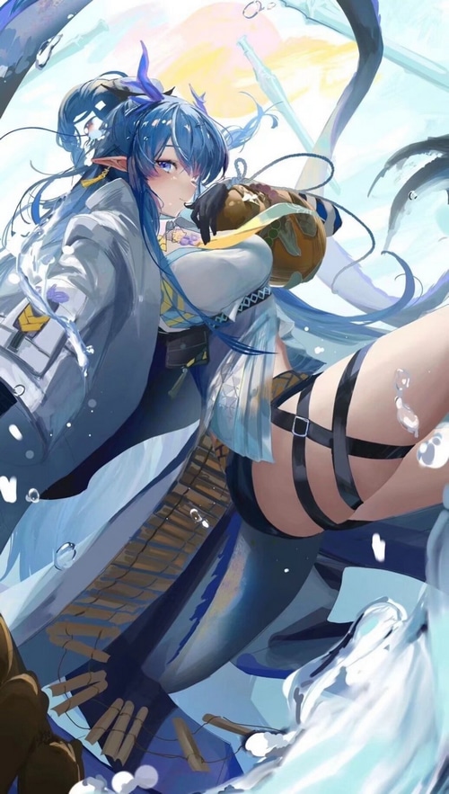 Ling from Arknights with blue hair and horns