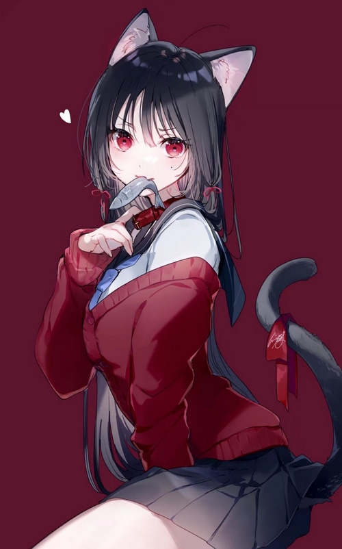 Anime cat girl with red eyes holding a fish