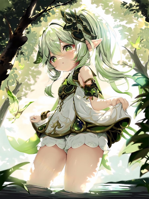 Genshin Impact's Nahida lifting her dress in a forest