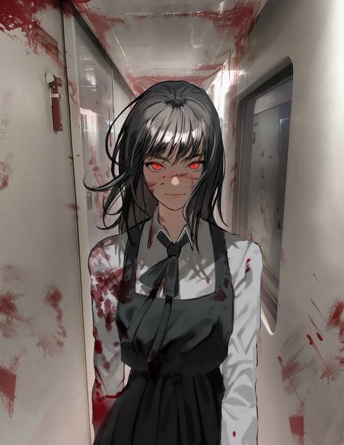 Asa Mitaka covered in blood in a hallway
