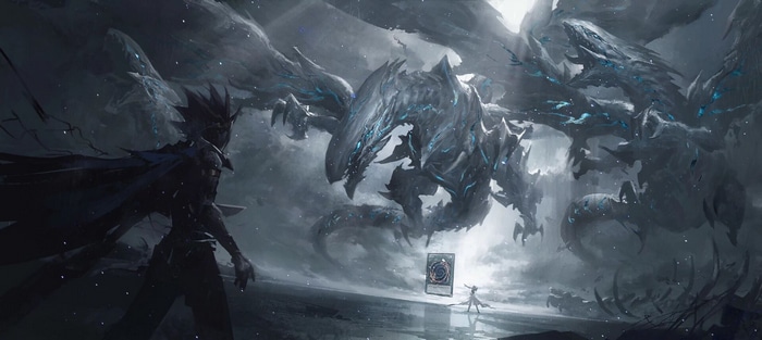 Yu-Gi-Oh! Yami Yugi faces a giant dragon