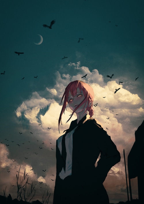 Makima from Chainsaw Man with birds and moon