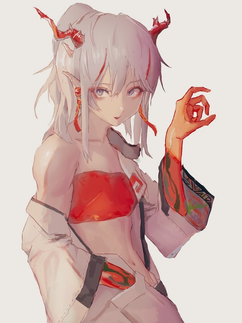 Nian from Arknights with horns and pointy ears
